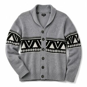 Buffalo David Bitton Mens M Cardigan Sweater Gray Fair Isle Shawl Collar Nordic